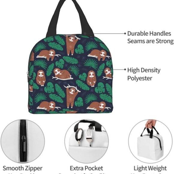 Funny Sloth Lunch Bag Tropical Leaf Insulated Leakproof Durable Handbag Portable - Picture 7 of 8